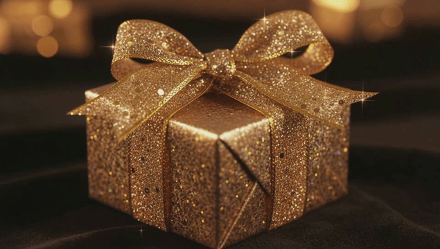 반짝이는 금색 리본 선물 상자