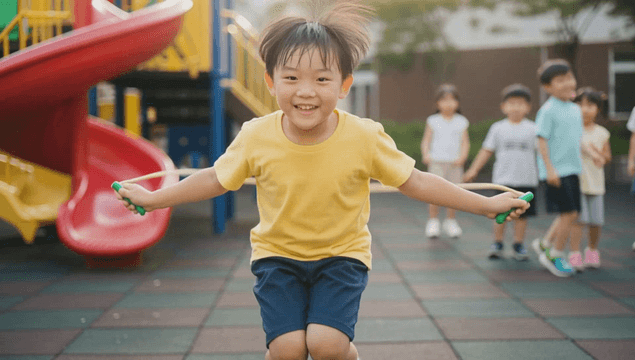 Boy jumping rope at playground