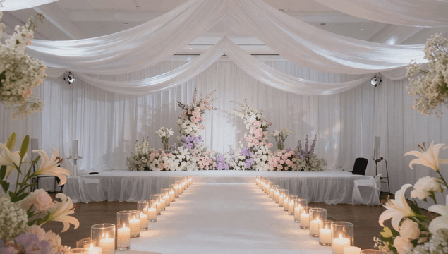 Flower-filled indoor wedding hall