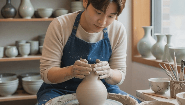 Potter shaping clay on pottery wheel