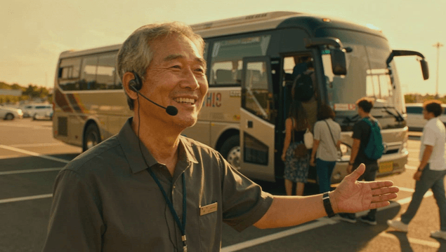 Guide assisting travelers near a bus