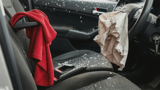 Car interior with deployed airbag and shattered glass
