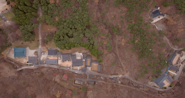 Traditional Korean temple surrounded by nature