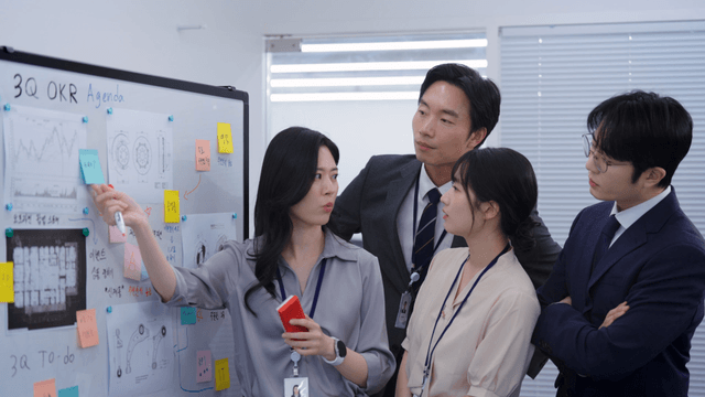 Team discussing strategy at a whiteboard