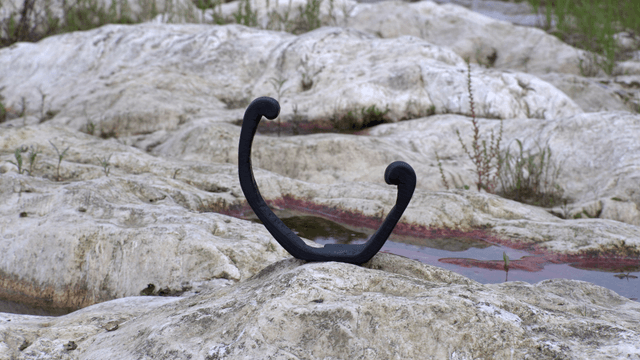 Black curved wooden sculpture on rocky terrain