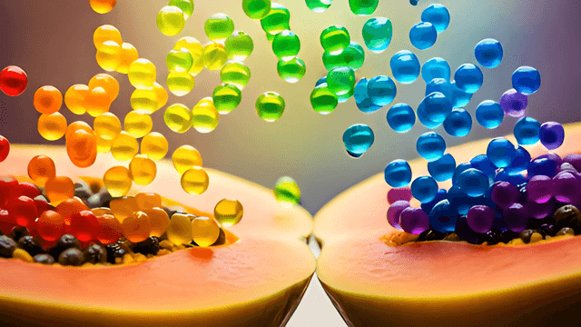 Colorful spheres emerging from papaya