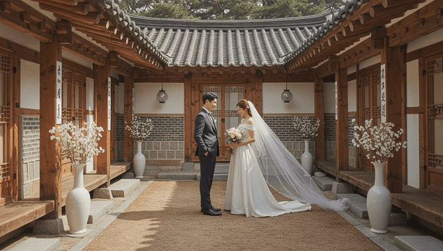 Bride and groom standing in a hanok courtyard