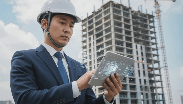 Engineer reviewing building plans on site