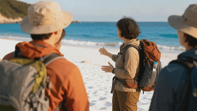 Guide in hiking attire explaining sunlit beach