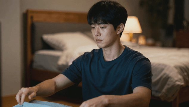 침실에서 모니터를 보며 옷을 개는 남자