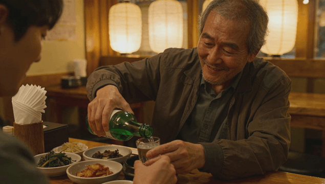 식당에서 젊은 남성에게 소주를 따라주는 노인