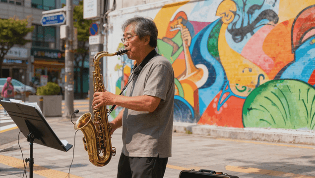 Street musician playing saxophone