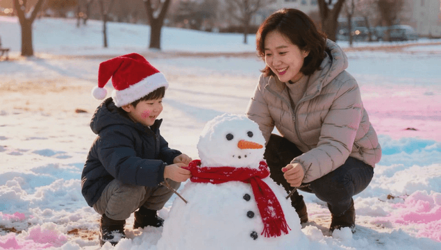 겨울에 눈사람을 만드는 엄마와 아이