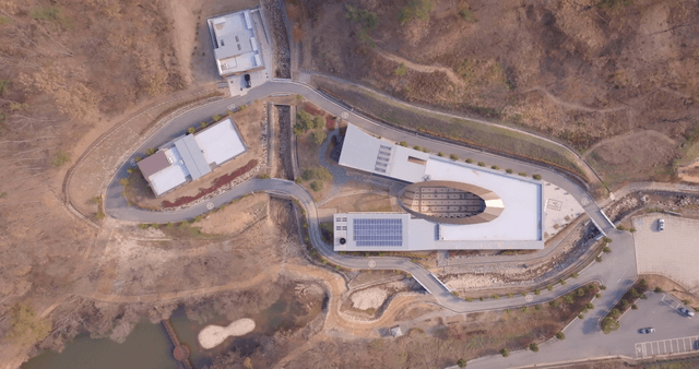 Modern buildings surrounded by nature