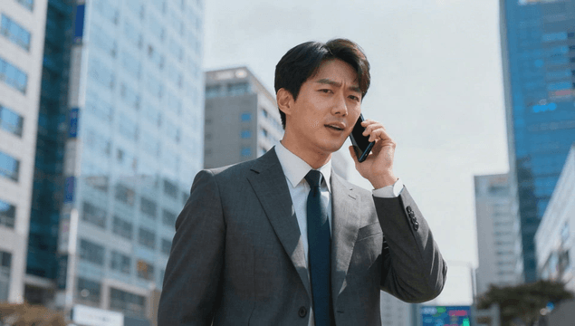 Office worker calling between city buildings