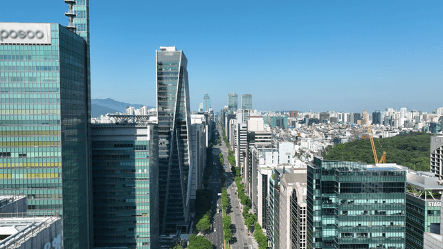 A bustling cityscape with tall skyscrapers