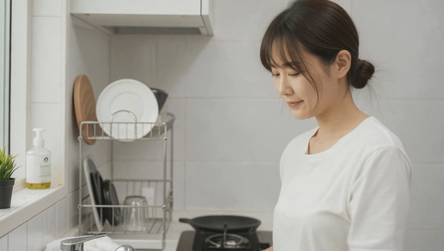 Young woman wiping her hands with a kitchen towel