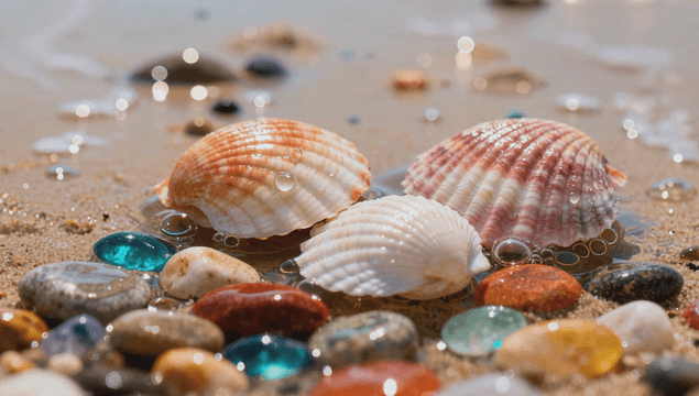 Shells and colorful stones on beach
