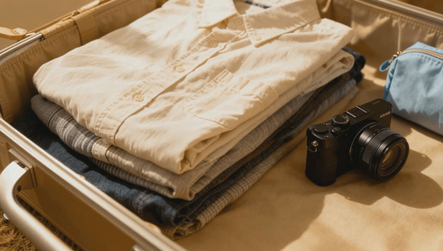 Clothes and camera neatly packed in a suitcase
