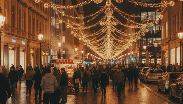 크리스마스 조명과 인파가 있는 거리