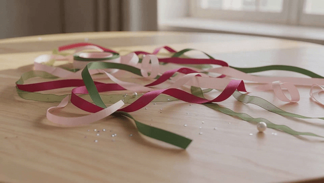 테이블 위에 흩어진 색색의 리본