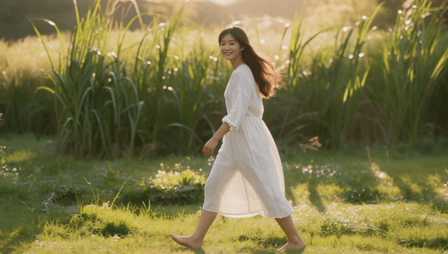Happy young woman walking barefoot across sunlit field