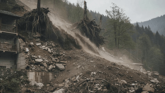 Landslide occurring on collapsing forest hillside