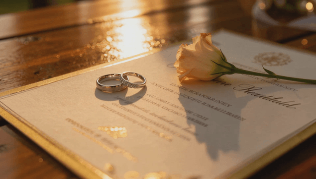 Wedding invitation with rings and flower