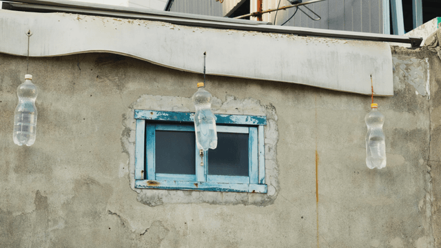 Hanging water containers by a small window on an old wall