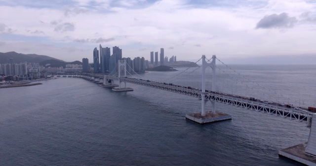 A bridge connecting a modern city skyline