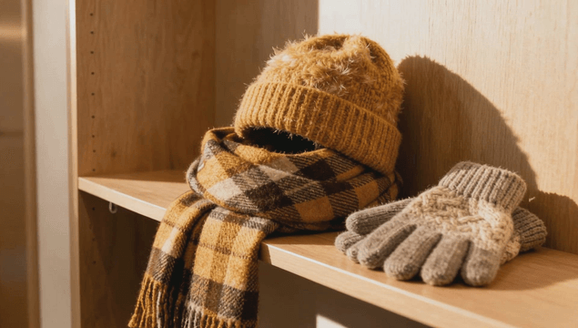 Winter accessories on wooden shelf