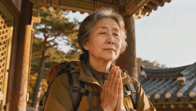 Older woman praying with folded hands at a temple