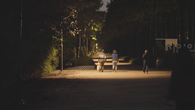 People walking along a dimly lit park path at night