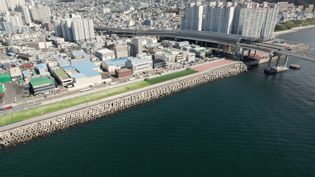 Coastal cityscape with high-rise buildings