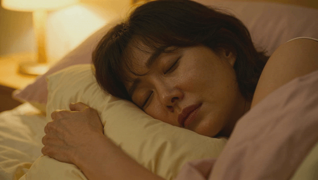 Woman sleeping peacefully in bed hugging a pillow