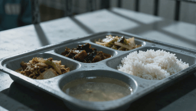 Prison meal tray behind iron bars