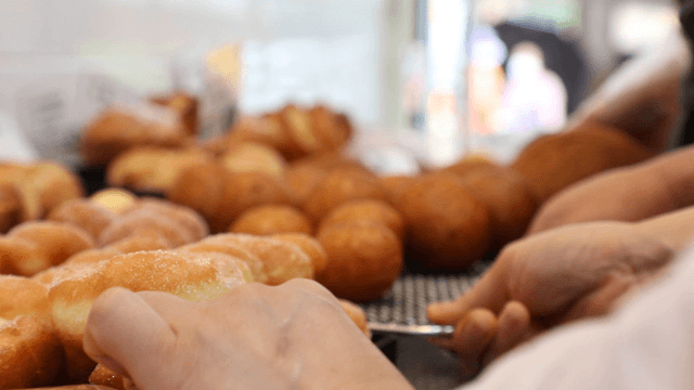 Freshly baked donuts on display
