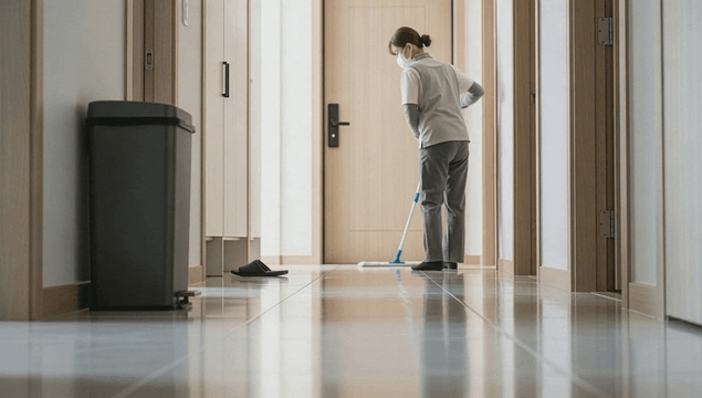 Cleaning lady wearing a mask mopping a clean hallway