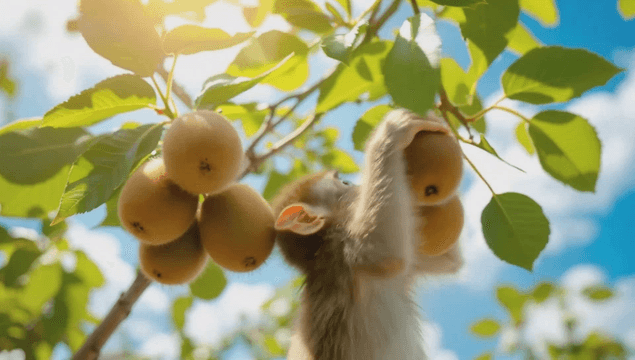 Baby monkey picking kiwi from a tree