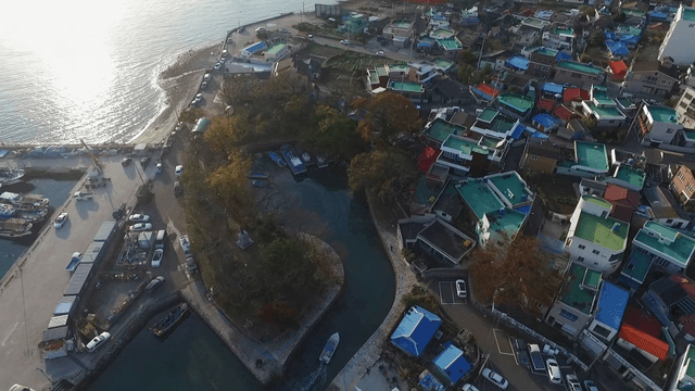 Coastal village with colorful rooftops