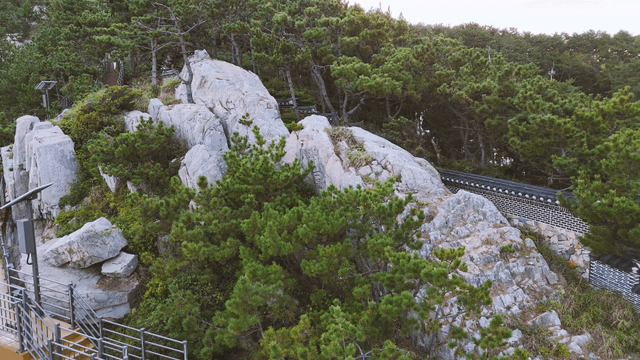 Trail with traditional fortress and pine forest rocks