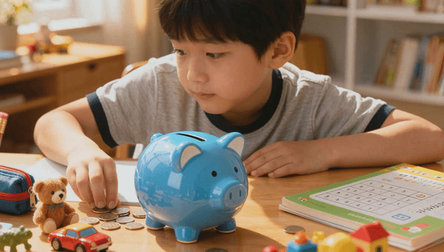 돼지 저금통에 동전을 저금하는 남자 아이