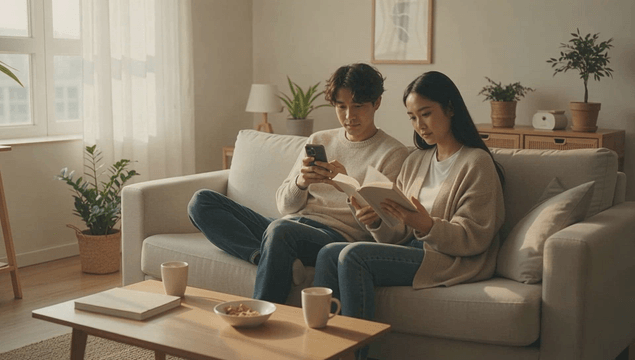 Couple reading and using a phone on a sofa