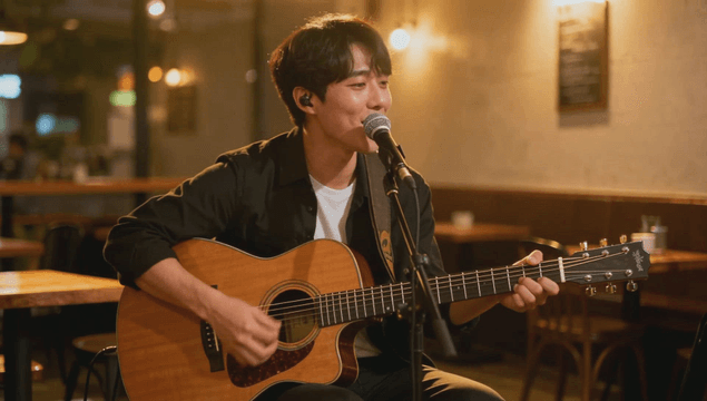Musician playing guitar in a cozy cafe