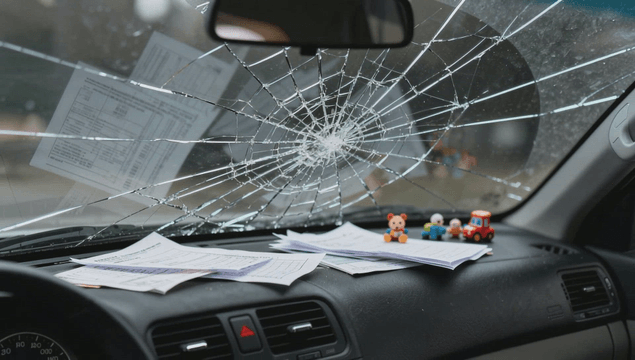 차 안의 서류와 금이 간 유리창