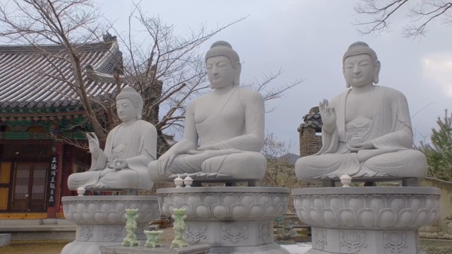 Buddha statues in a quiet temple yard with snow falling