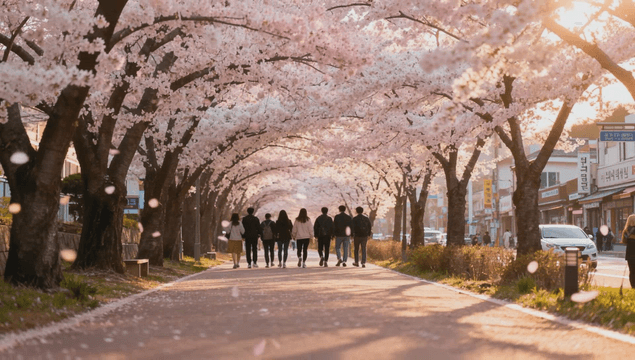 People walking together down a cherry blossom path
