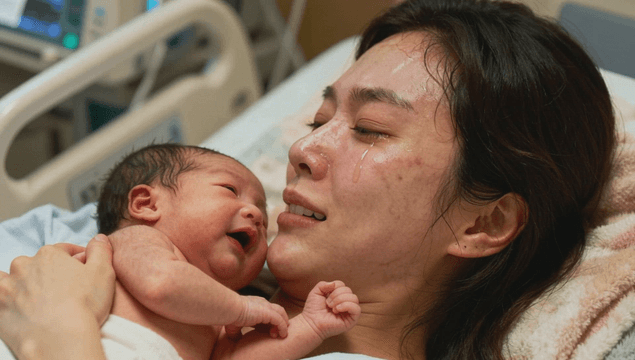 Crying mother holding her newborn baby in the hospital