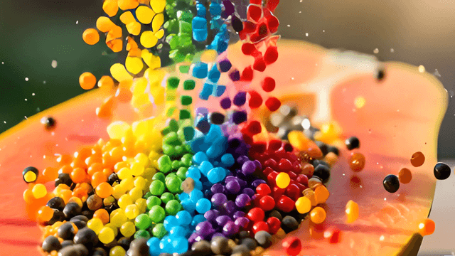 Colorful beads falling into a papaya