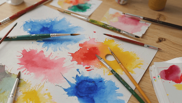 Colorful paint splashes with brushes